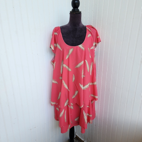KZ By Karen Zambos Feather Print Layered Mini Dress Scoop Neck Coral Pink Sz 2X - Picture 1 of 13
